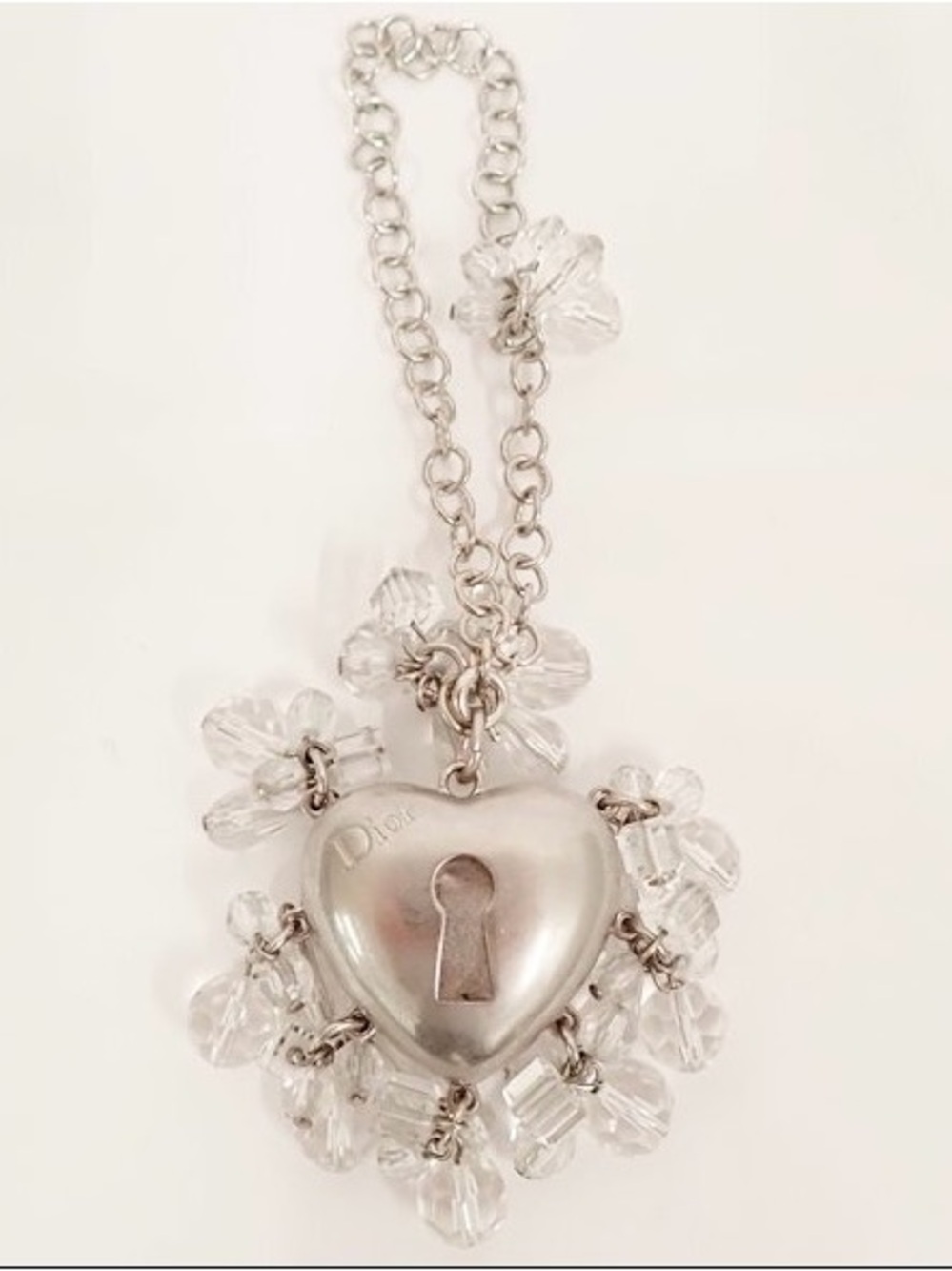 Dior y2k vintage Silver Heart Lock bag charm Clear Crystal Accents
